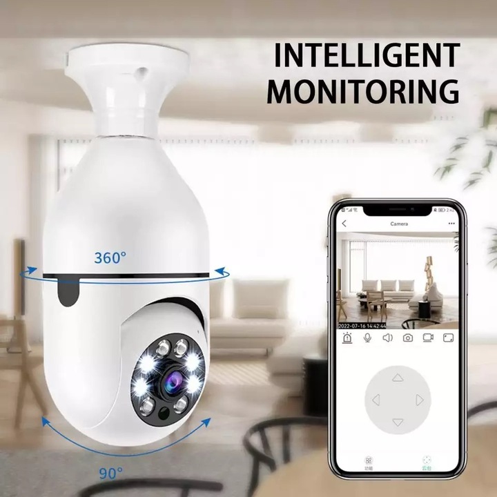 Camera de Supraveghere IP 360° WI-FI, tip Bec, HD, cu Aplicatie pe Mobil