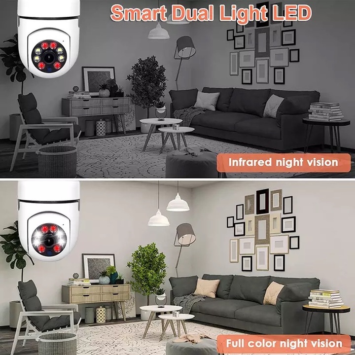 Camera de Supraveghere IP 360° WI-FI, tip Bec, HD, cu Aplicatie pe Mobil
