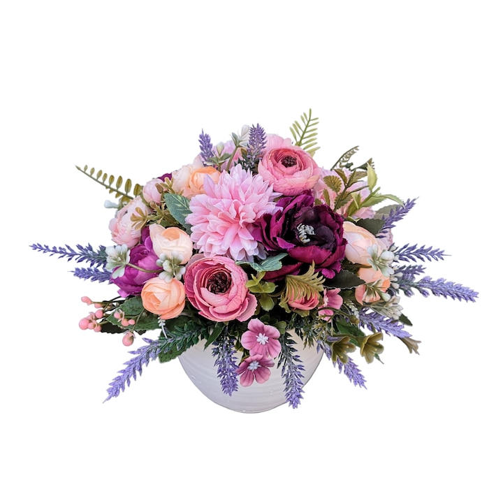 Aranjament floral colorat, diametru 25 cm, cu flori artificiale, Dady, in ghiveci ceramic