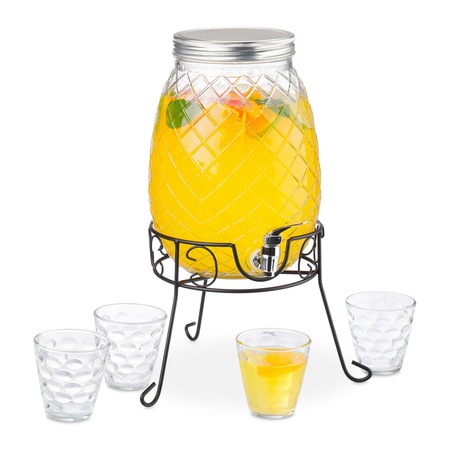 Carafa pentru limoanda sau citronada cu 4 pahare, Relaxdays, cu robinet si suport metalic, 5700 ml