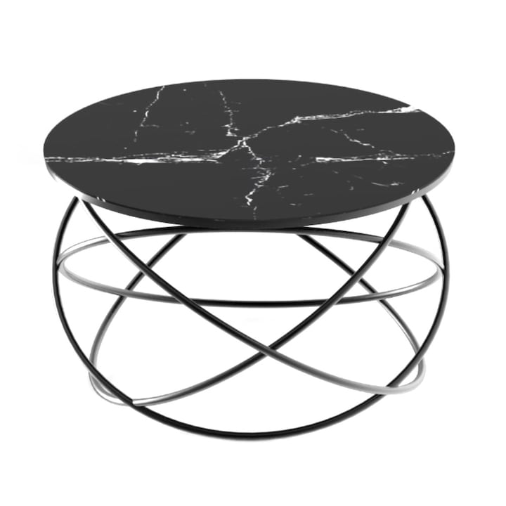 Masuta de cafea DacEnergy©, cadru metalic nichelat, sticla neagra cu aspect marmorat, design unic, atractiv, forma rotunda, fixa, 75 x 45 cm, negru