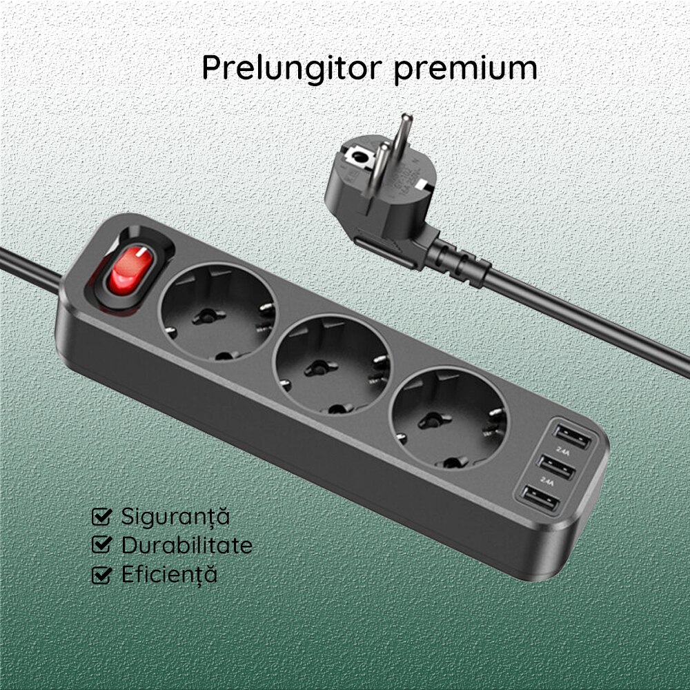 Prelungitor HOCO - (NS2) cu 3xUSB-A, 3xprize, 2.4A, mufa UE, 1.8m ...