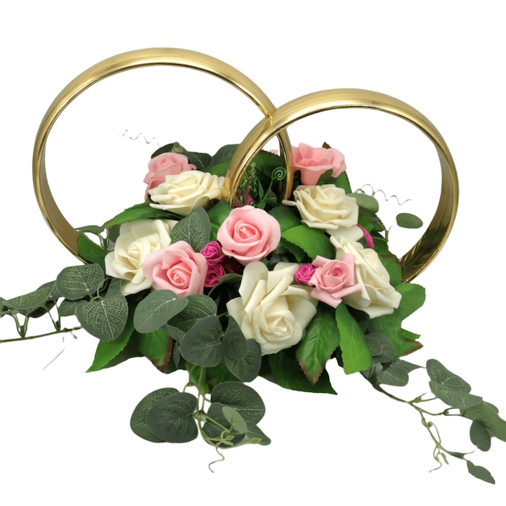 Сватбена украса за кола, сватбени халки, украсени с цветя, размер 39x25 см – ILIF207007, 23h Събития
