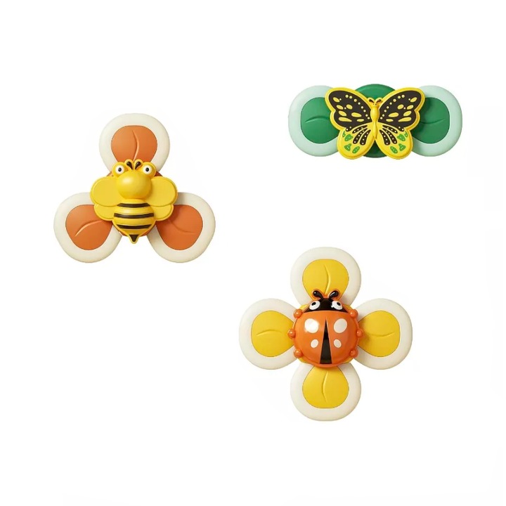 Комплект от 3 играчки за баня за деца, Калинка Spinner, Пеперуда, Пчела, Силиконови части, Вендузи, Tumama®, лимонено жълто