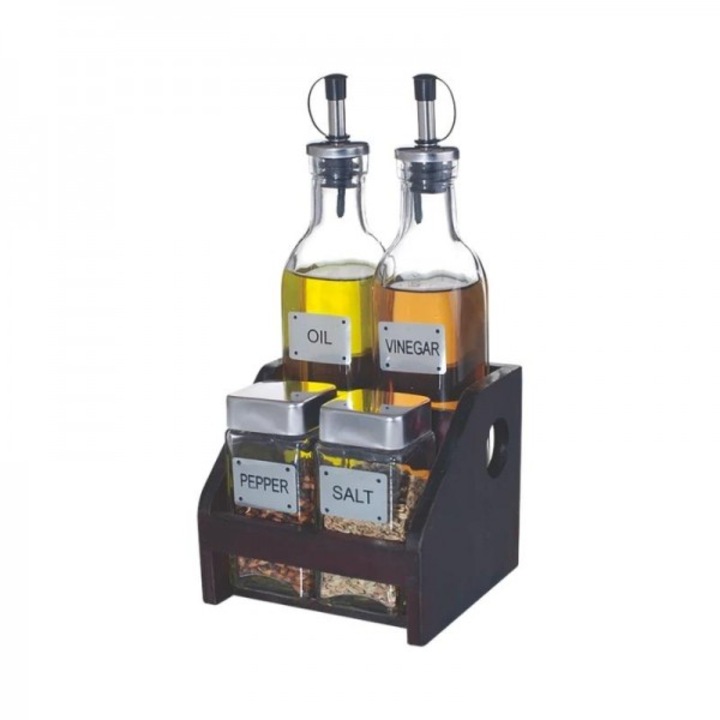 Set condimente cu 4 piese din sticla si suport din lemn natural