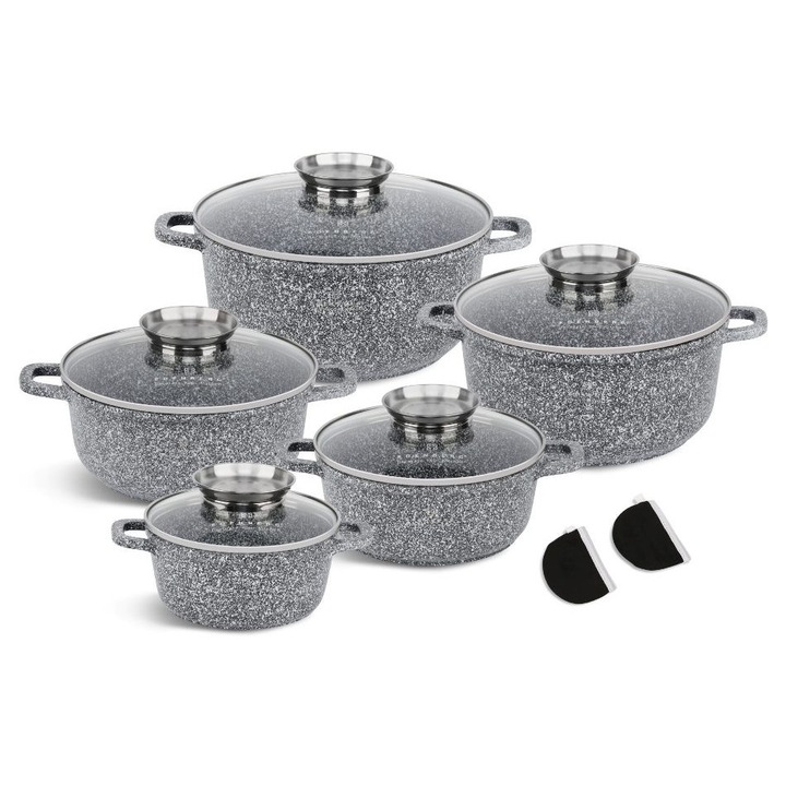 Set de 10 oale antiaderente cu capace din sticla, aluminiu turnat sub presiune EB-8147