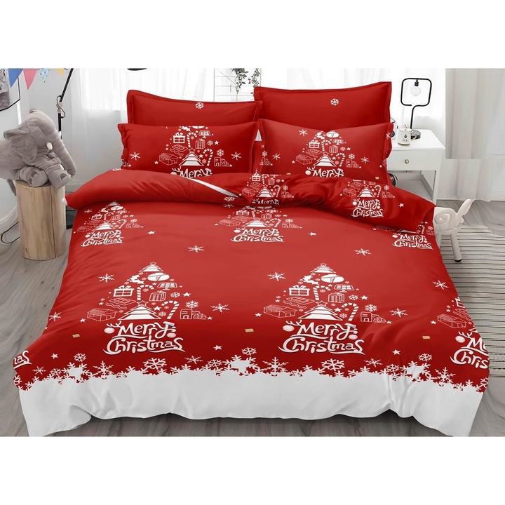 Lenjerie de pat 6 piese, dimensiune pat dublu, 2 persoane - Mos Craciun - Bumbac 100% Finet - LJ91