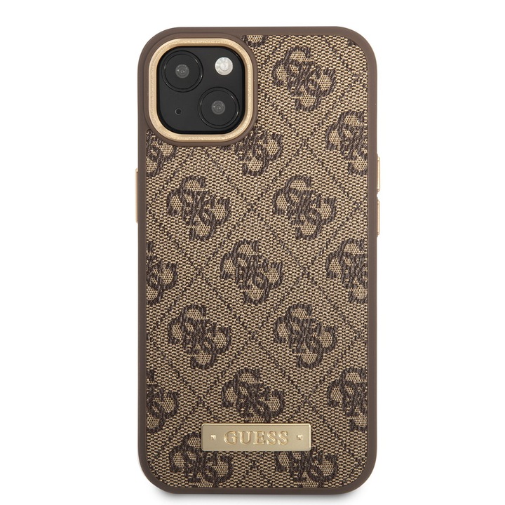 Кейс Guess, За iPhone 14 Plus, 4G, Метално лого, MagSafe, Екологична кожа, Кафяв