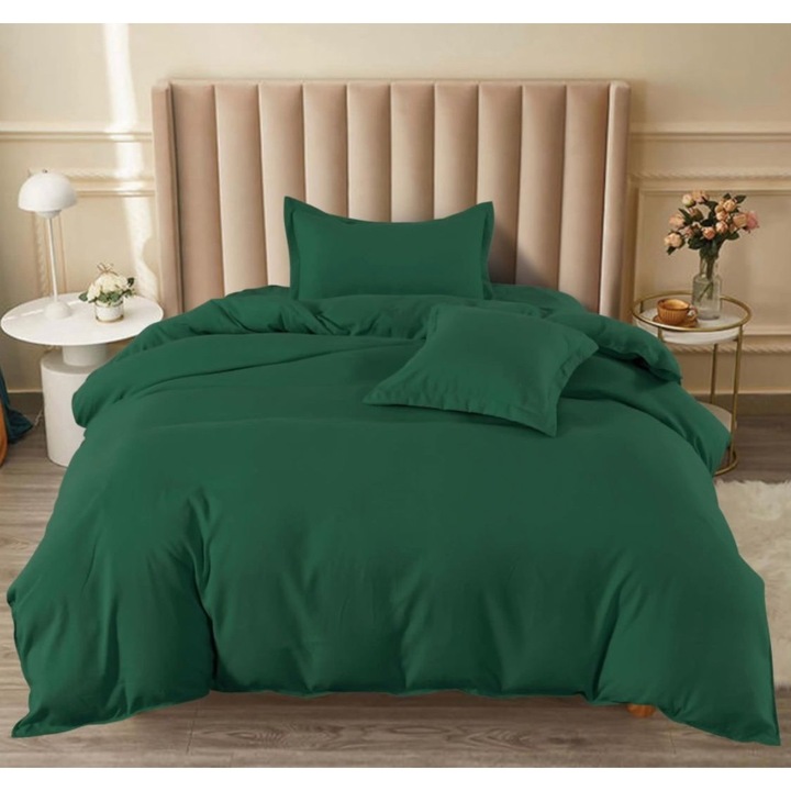 Set lenjerie de pat, Pucioasa, Finet Bumbac gros, Uni, Cearceaf de pat cu elastic 140 x 200 cm, Cearceaf pilota 155 x 200 cm, 2 fete de perne 55 x 75 cm si 50 x 50 cm, Pat 1 persoana, Verde inchis, T60-70
