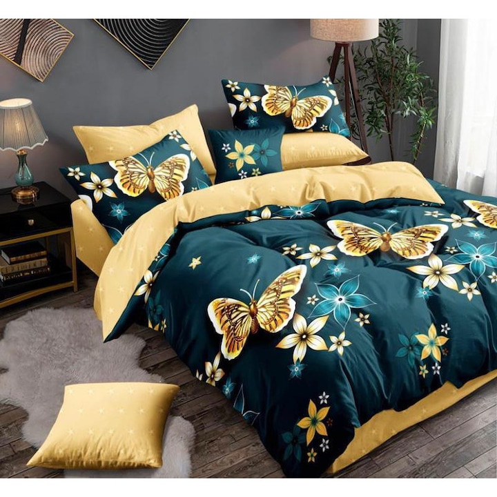 Lenjerie de pat dublu, 2 persoane, Bumbac, 6 Piese, Cearceaf de pat 230 x 250 cm, Model flori si fluturi
