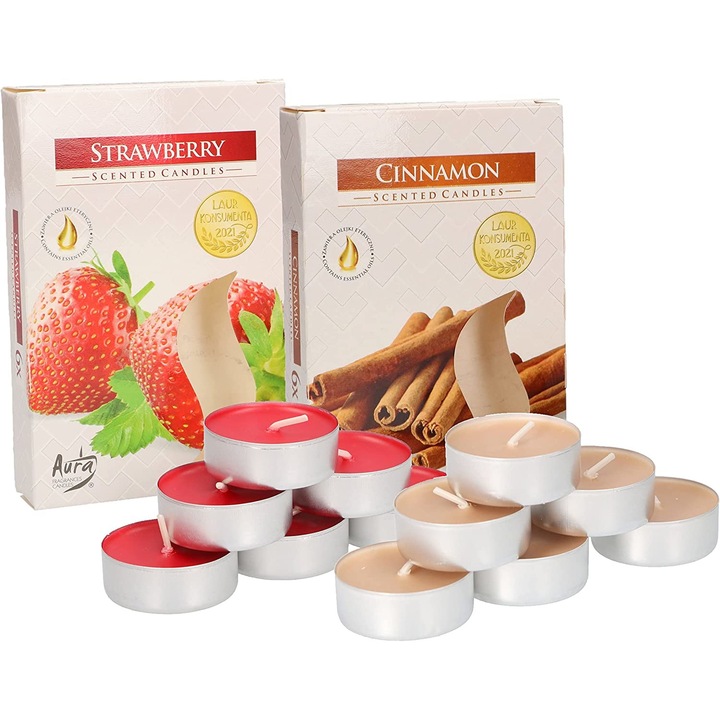 Set 12 lumanari parfumate tip pastila, Kotarbau, Capsuni/Scortisoara, Rosu/Bej