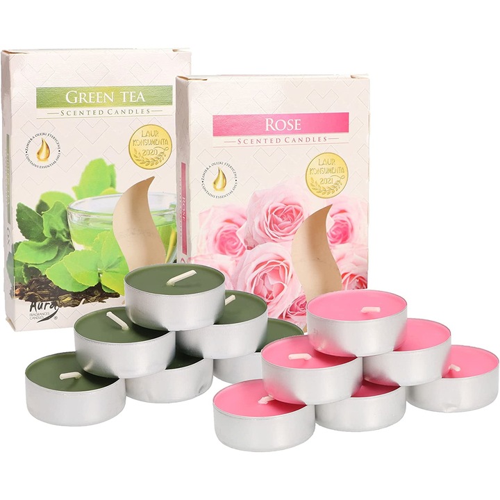 12 db pirula típusú illatos gyertya készlet, Kotarbau, rózsa/zöld tea, rózsaszín/zöld