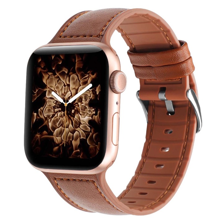 Curea smartwatch, Matcheasy, Piele naturala, Compatibila cu Apple Watch 45/44/42/49/46 mm, Maro