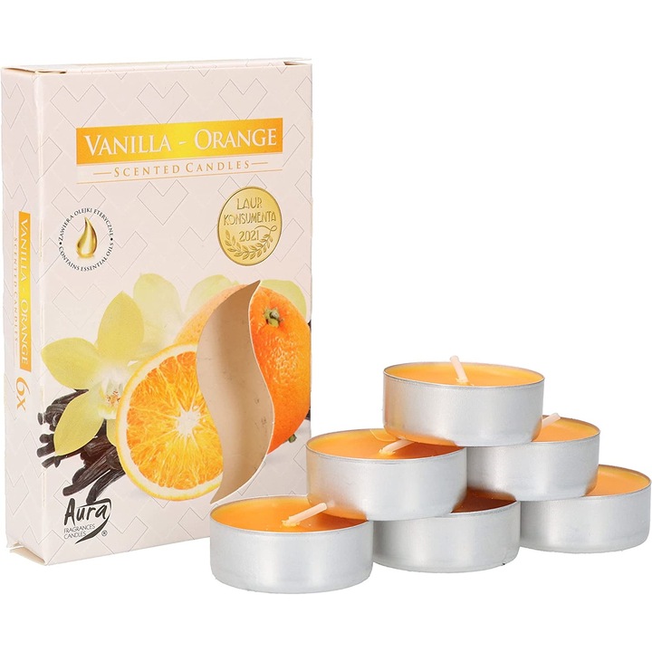 Set 6 lumanari parfumate tip pastila, Kotarbau, Vanilie si portocale, 82 g, Portocaliu
