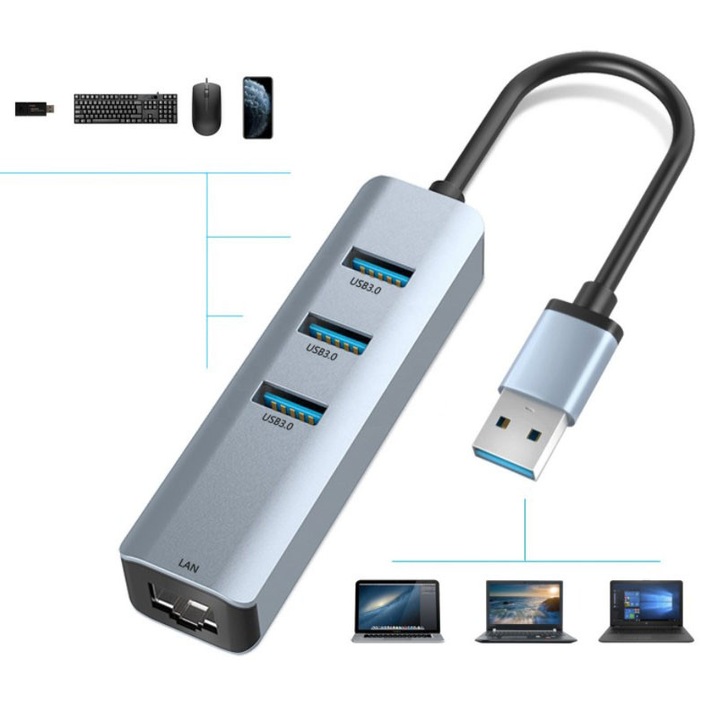 Adaptor retea Gigabit Zenwire®, metalic, 3× USB 3.0, Ethernet RJ45 1000 ...