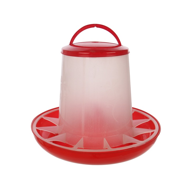 Hranitoare pentru pasari, fabricat din plastic rezistent, cu maner, capacitate 6 l, culoare rosu