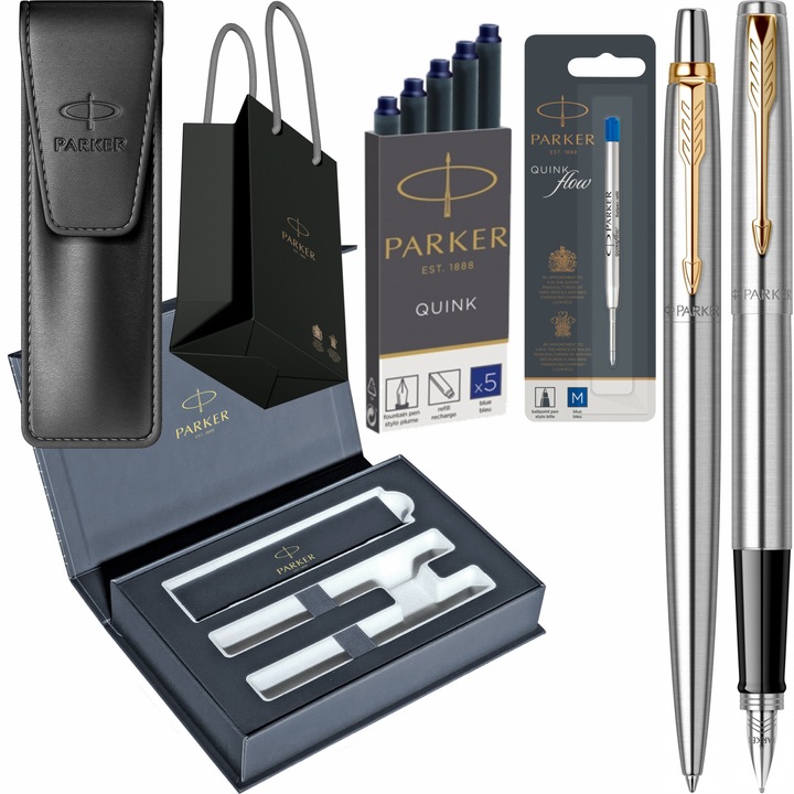 Set Parker Stilou Pix Jotter Royal Stainless Steel GT cu gravura laser inclusa, etui Leather Black, cartuse lungi Parker Quink 5 buc, rezerva pix Parker albastru Jumbo Quink Flow, in cutie duo Royal si punga
