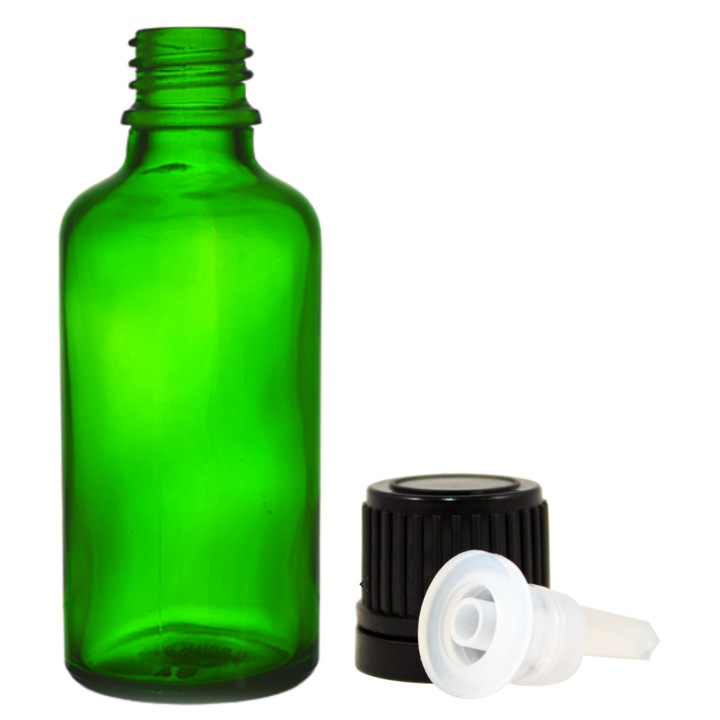 Vastag üveg kozmetikai tartály cseppentő mechanizmussal és zárókupakkal illóolajokhoz, szérumokhoz, keverékekhez, tinktúrákhoz, DROPY® 10 ml, zöld