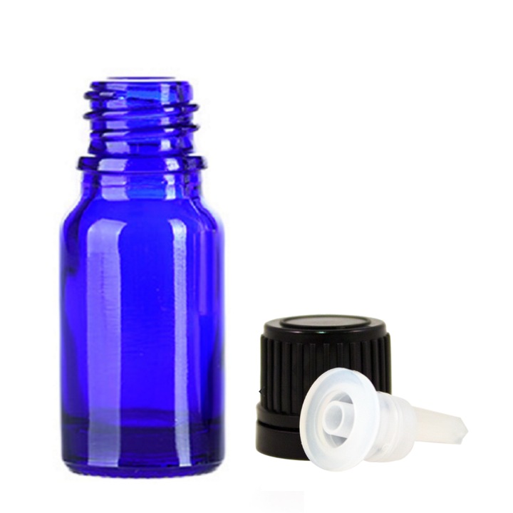 Vastag üveg kozmetikai tartály cseppentő mechanizmussal és zárókupakkal illóolajokhoz, szérumokhoz, keverékekhez, tinktúrákhoz, DROPY® 10 ml, kék