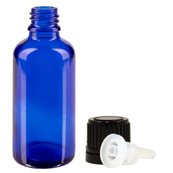 Vastag üveg kozmetikai tartály cseppentő mechanizmussal és zárófedéllel, illóolajokhoz, szérumokhoz, keverékekhez, tinktúrákhoz, DROPY® 50 ml, kék