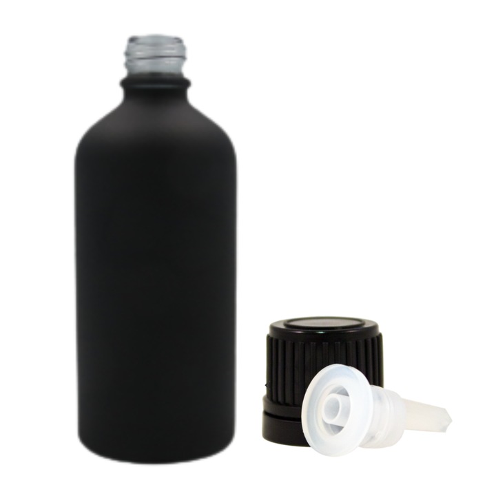 Recipient cosmetic din sticla groasa cu mecanism tip picurator si capac sigiliu, pentru uleiuri esentiale, serumuri, blenduri, tincturi, DROPY® 20 ml, negru