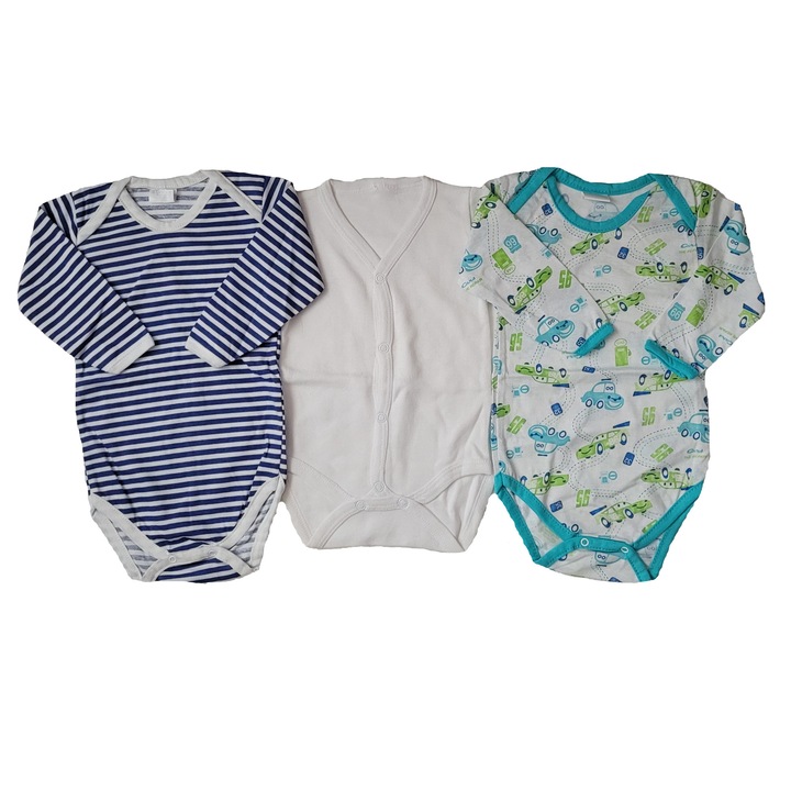Set 3 body cu maneca lunga Handmade Minis Boutique, multicolor, 6-9 luni