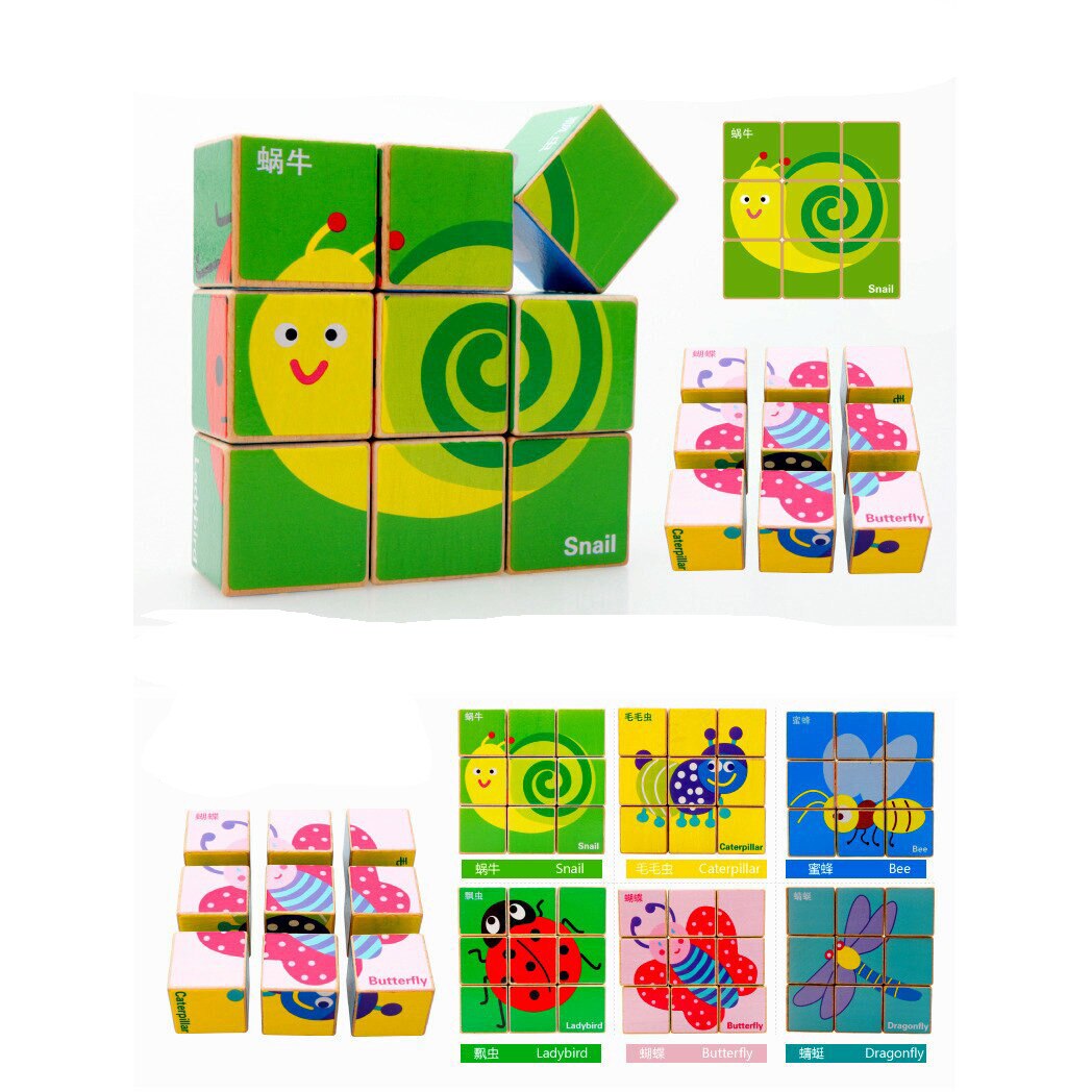 Puzzle cub din lemn, Zola®, pentru bebelusi, cu 6 laturi, 6 in 1, model vesel, 9 piese eMAG.ro