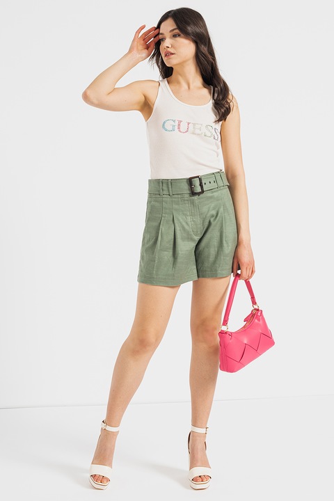 GUESS, Топ с лого с декоративни камъни, Крем, S