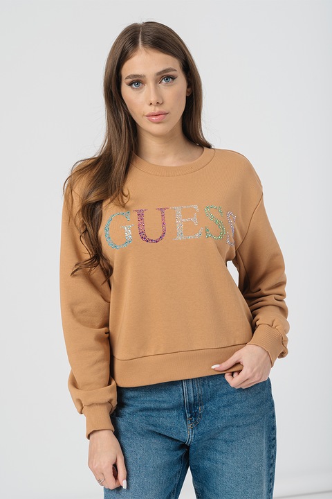 GUESS, Суитшърт с лого от декоративни камъни, Карамел, L