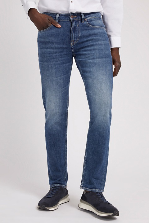 GUESS, Blugi slim fit cu aspect decolorat Angels, Albastru inchis/Alb murdar