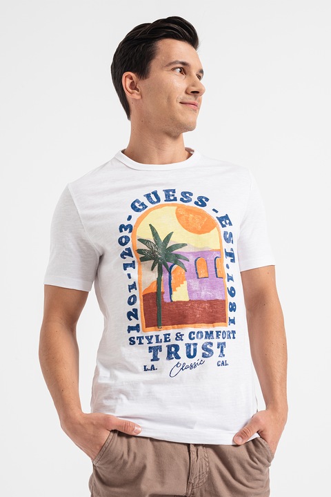 GUESS, Kerek nyakú mintás póló, Fehér/Narancssárga, L