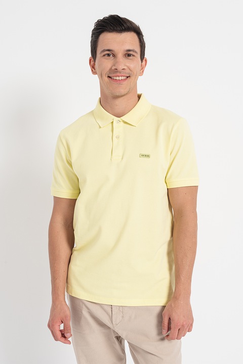 GUESS, Pamuttartalmú galléros póló, Halványsárga