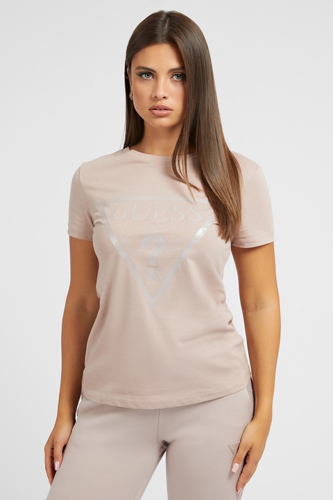 GUESS, Tricou de bumbac cu imprimeu logo, Gri deschis/Piersica