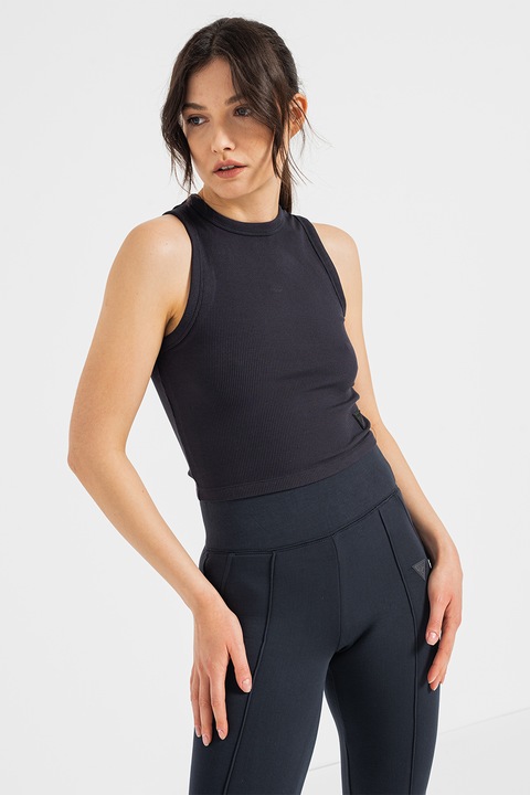 GUESS, Top crop striat, pentru fitness, Negru stins