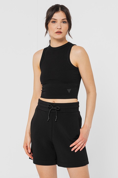 GUESS, Top crop striat, pentru fitness, Negru