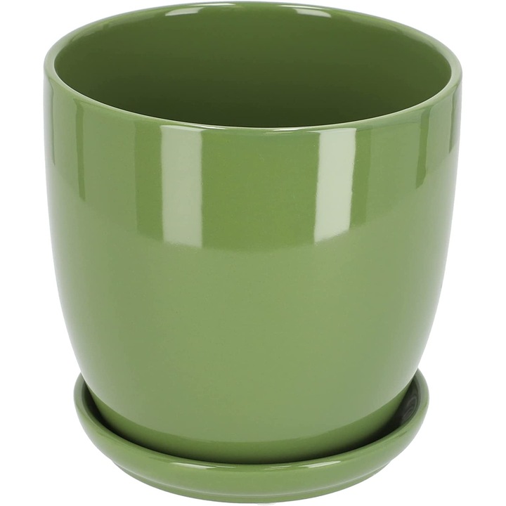 Ghiveci cu farfurie, Kotarbau, Ceramica, Inaltime 14 cm, Diametru 14.5 cm, Verde