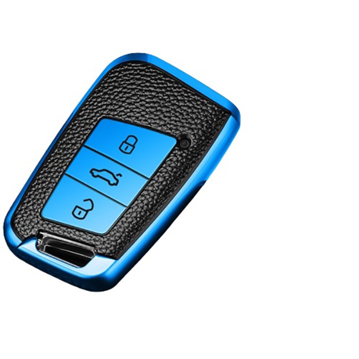 Син калъф с кожени вложки за ключ VW Volkswagen Passat B8 Tiguan Magotan Golf За Skoda Kodiaq Superb