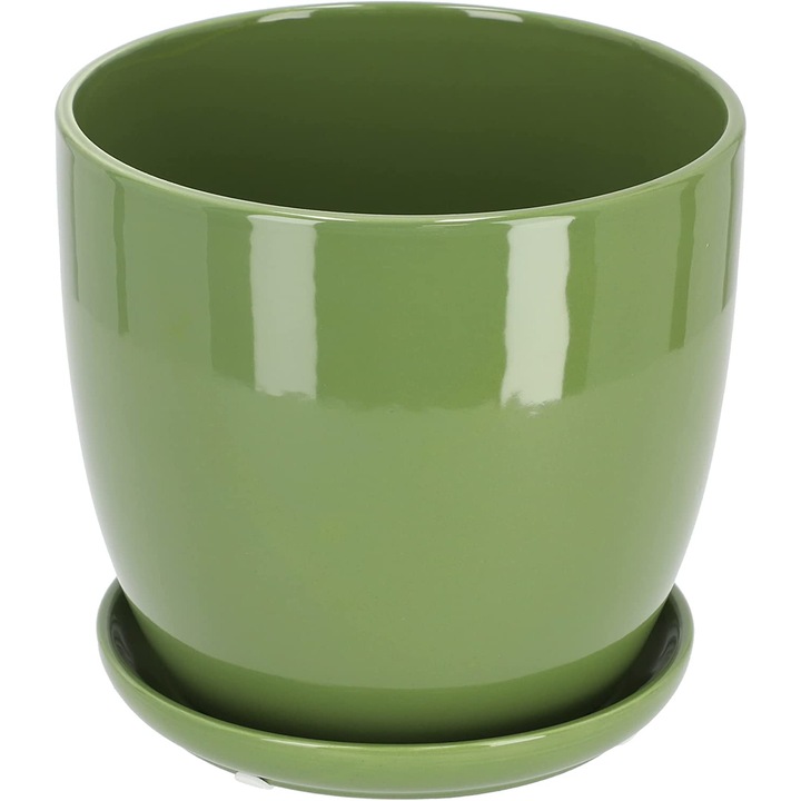 Ghiveci cu farfurie, Kotarbau, Ceramica, Inaltime 12 cm, Diametru 12 cm, Verde