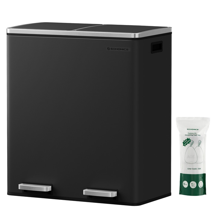 SONGMICS Cos de gunoi din inox cu 2 compartimente colectare selectiva, cu galeti interioare, 2x30litri, negru+