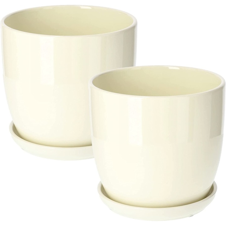 Set 2 ghivece cu farfurie, Kotarbau, Ceramica, Inaltime 18 cm, Diametru 19 cm, Crem