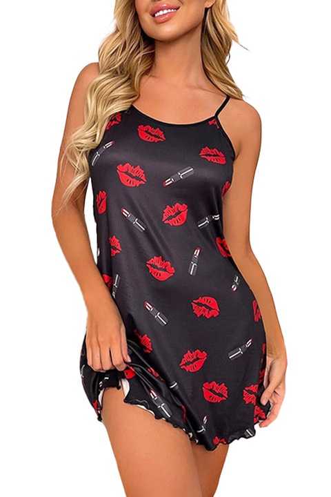 Pijama dama, tip camasa de noapte scurta, cu imprimeu buze rosii, EFAYN, Negru