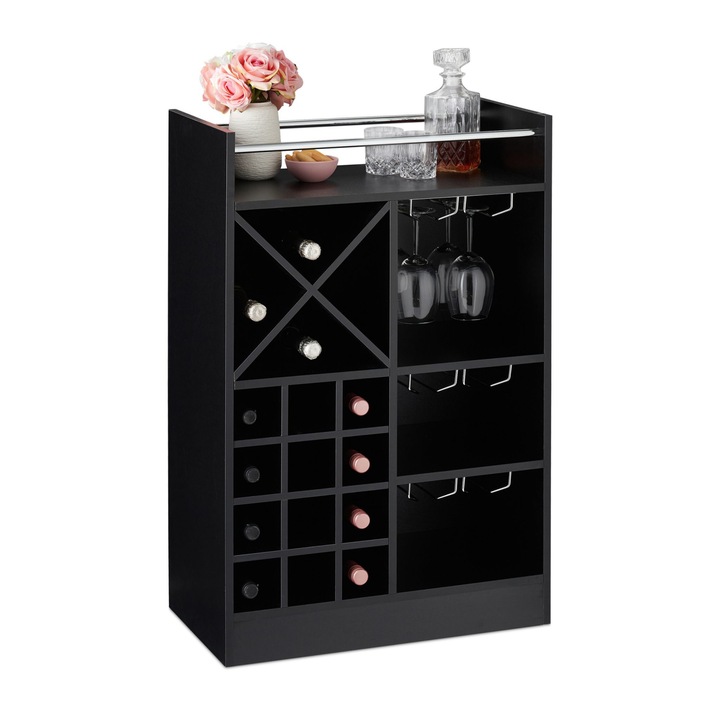 Suport sticle de vin Relaxdays, pentru 22 sticle, cu 3 suporturi pentru 18 pahare, cu raft, negru, 96 x 63 x 35 cm