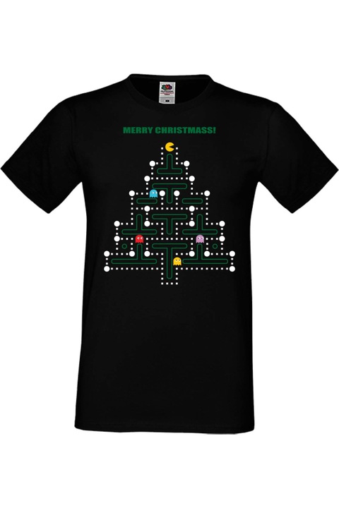 Karácsonyi férfi póló Tralala Karácsonyi férfi póló karácsonyfa ajándék Mikulás újév pacman pac man Pacman Christmas Tree, Fekete