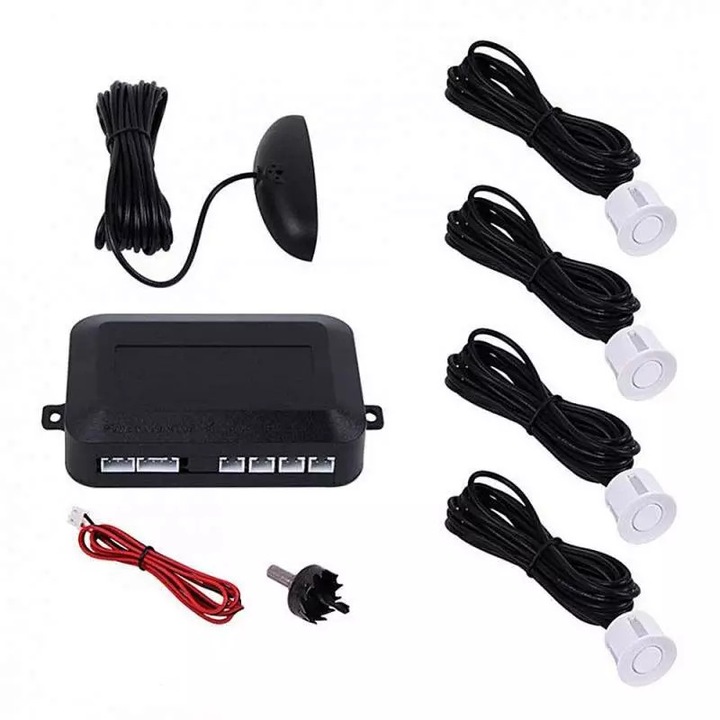 Senzori de Parcare Auto SIKS cu 4 Receptori, Display LED, Avertizare Sonora, Luminoasa, Metrica, Alb