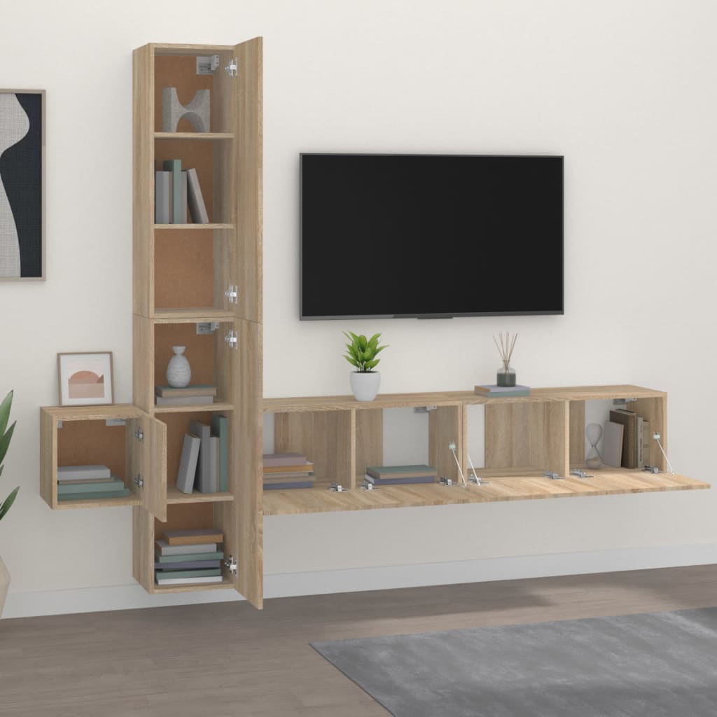 Set dulap TV, 5 piese, stejar sonoma, lemn prelucrat, Furniture,949585 ...