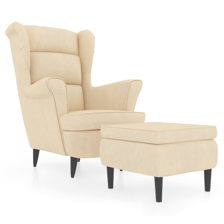 Фотьойл Wingback с табуретка vidaXL, кремав, кадифе, 78 x 90 x 96,5 см
