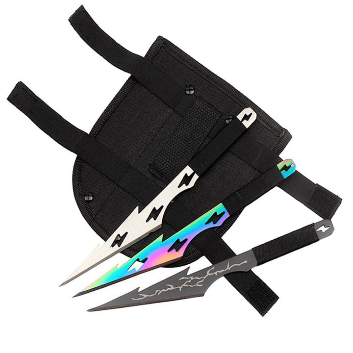 Set 3 cutite de aruncat Depox, Light of Zeus, 21 cm, multicolor, husa inclusa