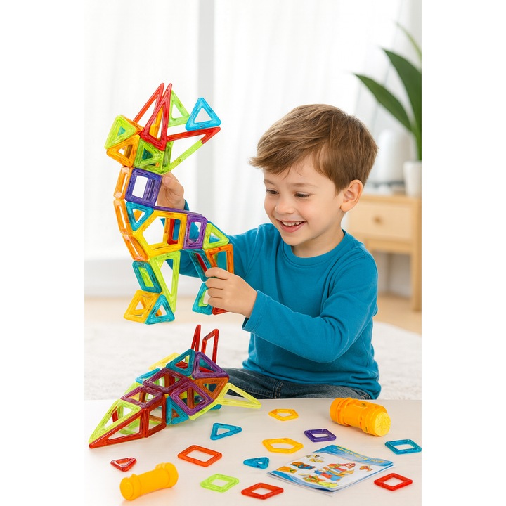 Set Inteligent de Constructie Mini Magical Magnet idealSTORE Include 158 de Piese Magnetice Multicolore, Modele si Forme Nelimitate de Construit, Educativ- Creativ, Maganeti Neodim, Incurajeaza Gandirea Creativa