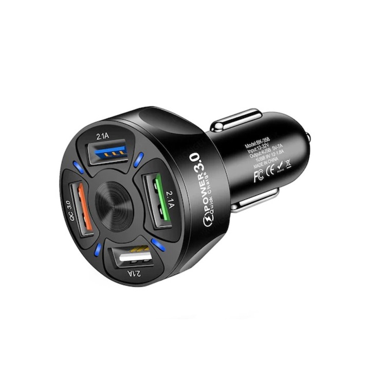 Incarcator auto USB cu lumina LED, 3A, QC3.0, 4 porturi USB, Incarcare rapida, Negru
