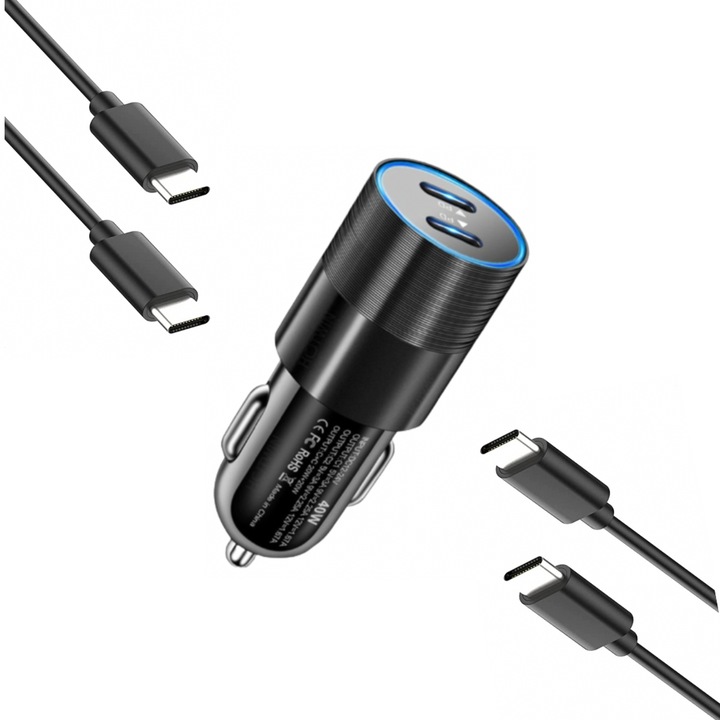 Autós töltő készlet 40w, Quande, 2 x USB-C PD, 2 x kábel USB-C -USB-C, 1 m, fekete